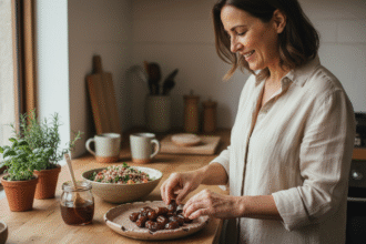 Femme arrangeant des dates Medjool dans une cuisine lumineuse