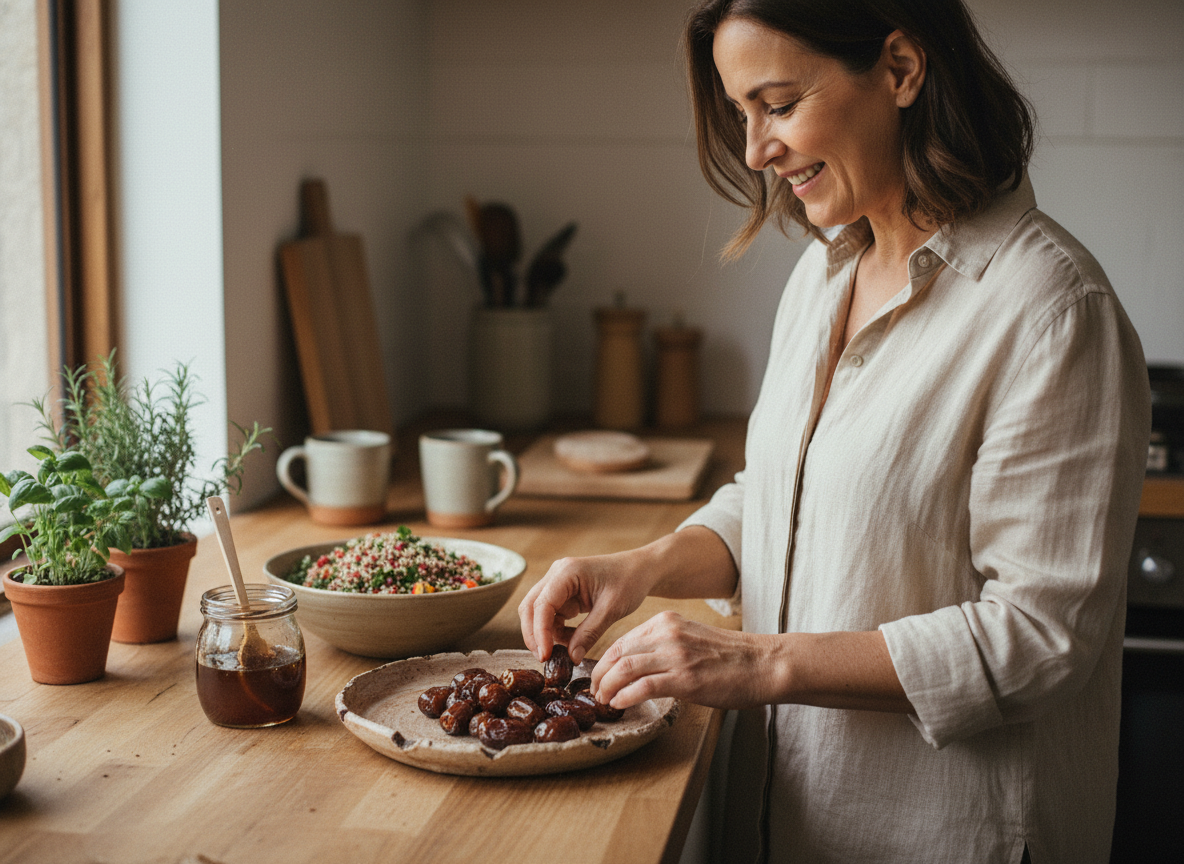 Femme arrangeant des dates Medjool dans une cuisine lumineuse