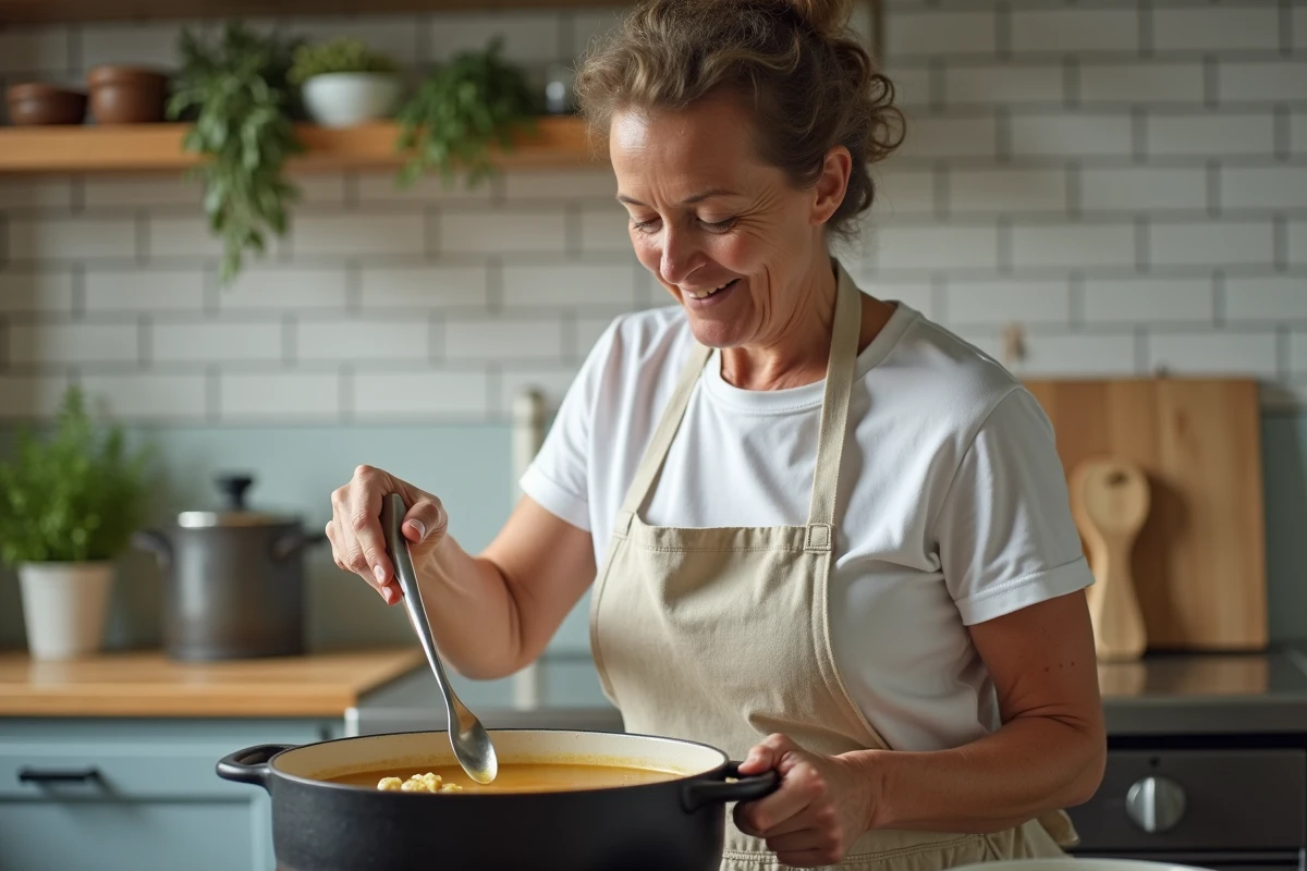 Femme en tablier dégraissant avec une louche plate le bouillon d'une grande marmite de potée au chou sur une cuisinière de cuisine domestique