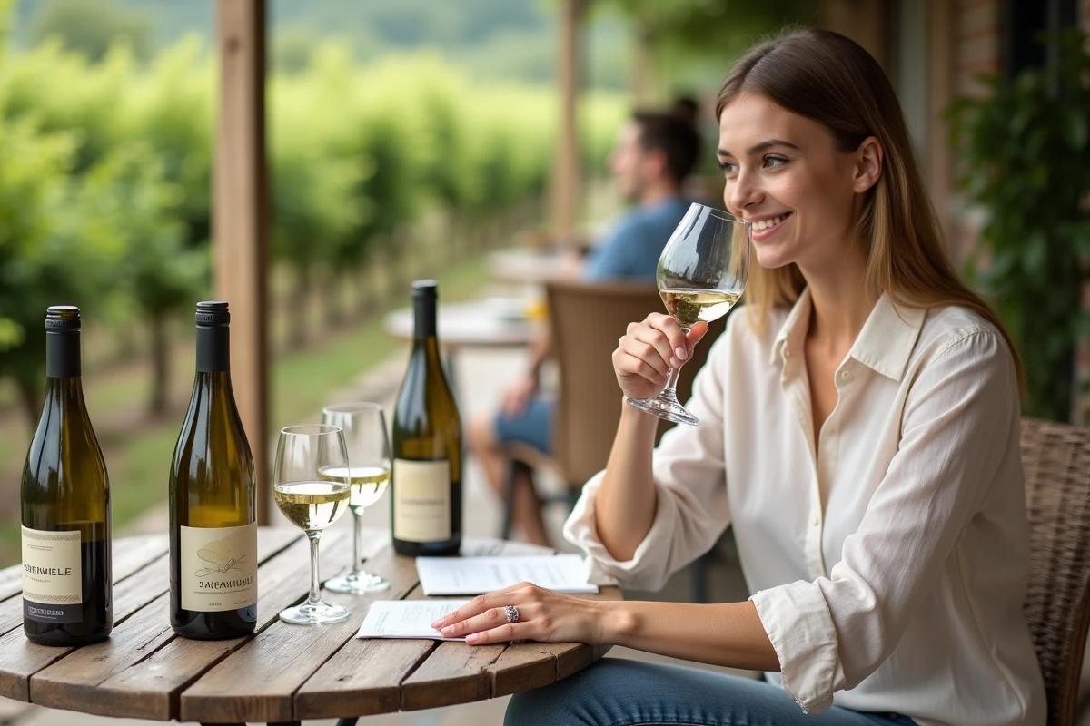 Femme dégustant un sauvignon blanc en terrasse de café en extérieur