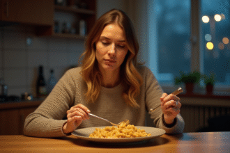 Femme mangeant un dîner de pâtes maison dans une cuisine moderne