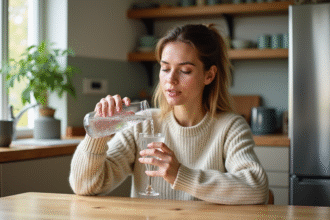 Femme vers 30 ans verse de l'eau pétillante dans un verre dans une cuisine chaleureuse