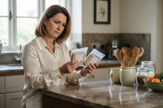 Femme examinant deux emballages de foie gras dans la cuisine
