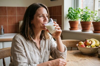 Femme buvant du kefir dans une cuisine chaleureuse