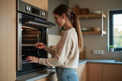 Femme dans la cuisine examine un four vapeur moderne