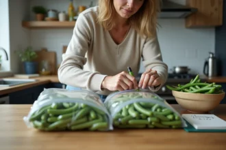 Femme étiquetant des sacs de haricots verts frais dans la cuisine