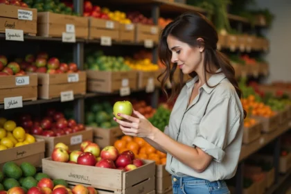 Femme choisissant des fruits imparfaits dans un magasin anti-gaspi avec des étagères en bois remplies de légumes et fruits abîmés