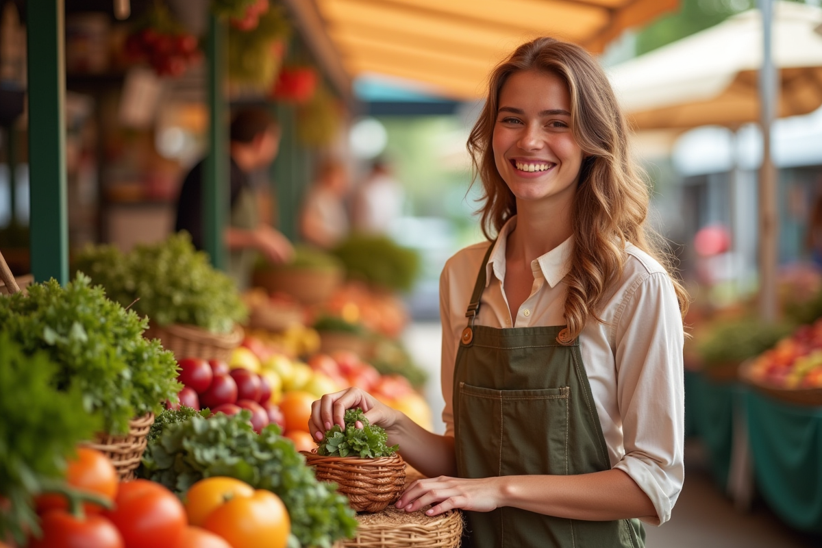 Jeune femme souriante choisissant des produits frais au marché