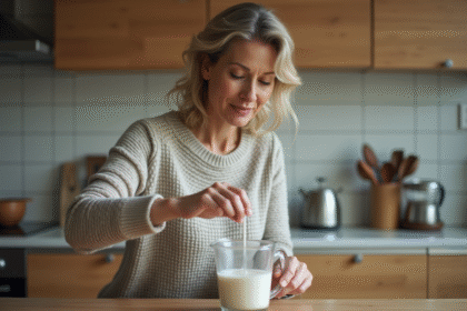 Femme mesurant du lait dans un verre à la cuisine