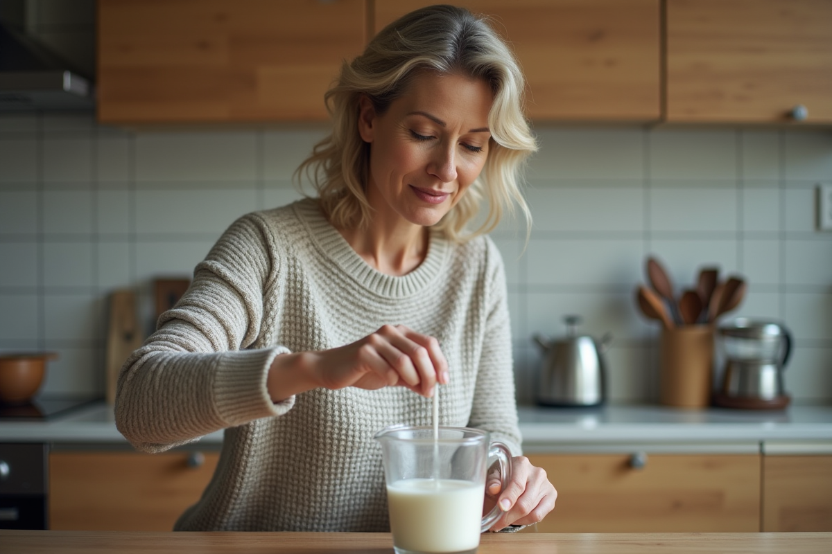 Femme mesurant du lait dans un verre à la cuisine