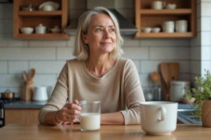 Femme mesurant un liquide dans une tasse à la cuisine