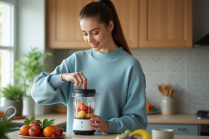Femme versant des fruits dans un blender moderne à la cuisine
