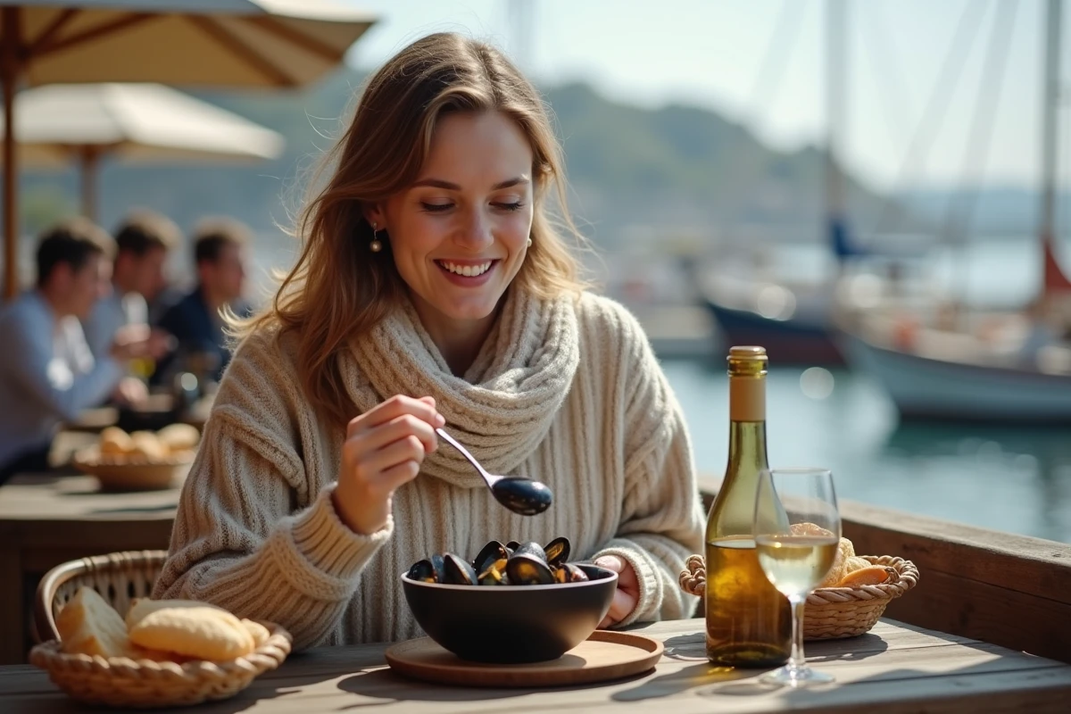 Femme dégustant moules dans un bistrot côtier en France