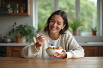 Femme d'âge moyen souriante dégustant un bol de yogourt dans la cuisine
