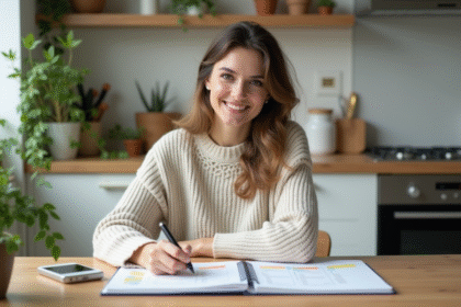 Femme organisée avec un planner coloré dans une cuisine lumineuse