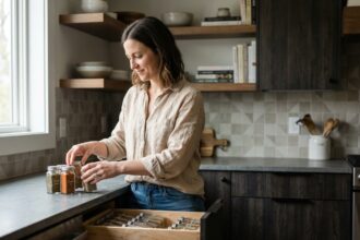 Jeune femme organise des épices dans une cuisine moderne