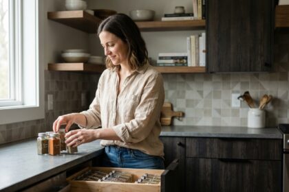 Jeune femme organise des épices dans une cuisine moderne