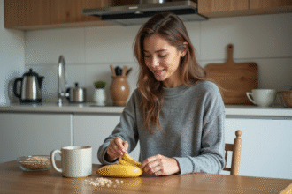 Jeune femme peignant une banane dans une cuisine moderne