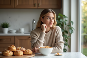 Femme contemplant un bol de céréales dans une cuisine lumineuse