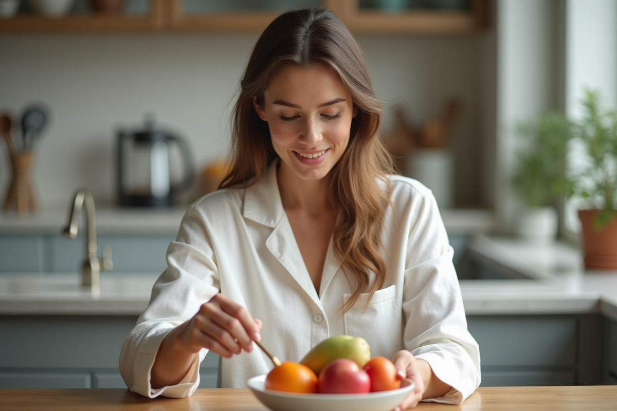 Jeune femme en pyjama mangeant des fruits au matin