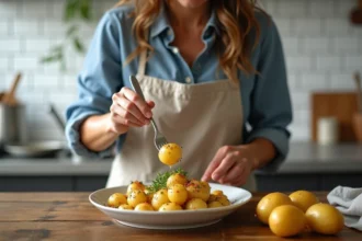 Femme en blouse en lin écrasant des pommes de terre dorées