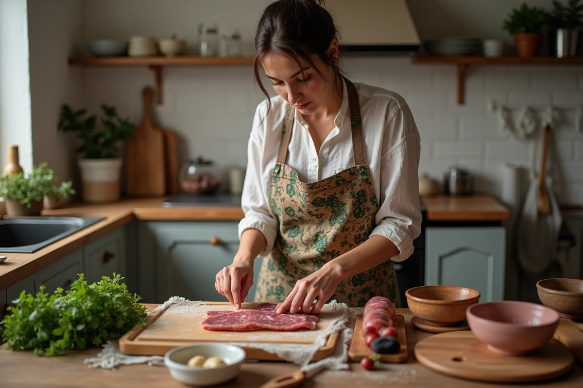 Jeune femme préparant la viande halal dans la cuisine