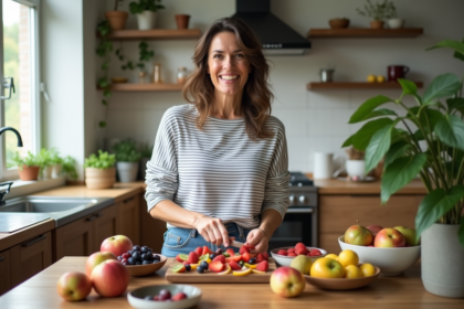 Femme souriante préparant une salade de fruits dans une cuisine lumineuse