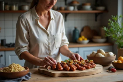 Femme en blouse préparant un plateau de tapas avec boudin noir