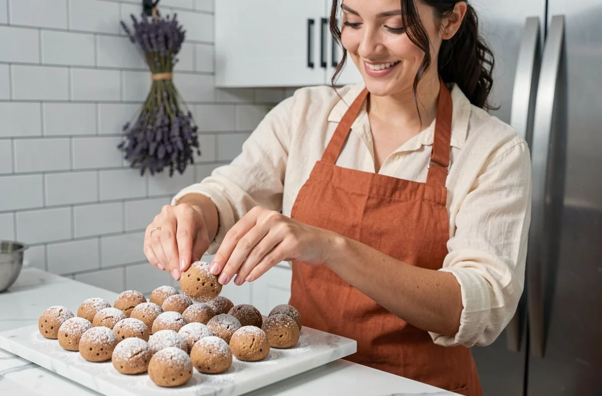 Femme préparant des polvorones espagnols sans cuisson sur un plateau en marbre blanc dans une cuisine moderne