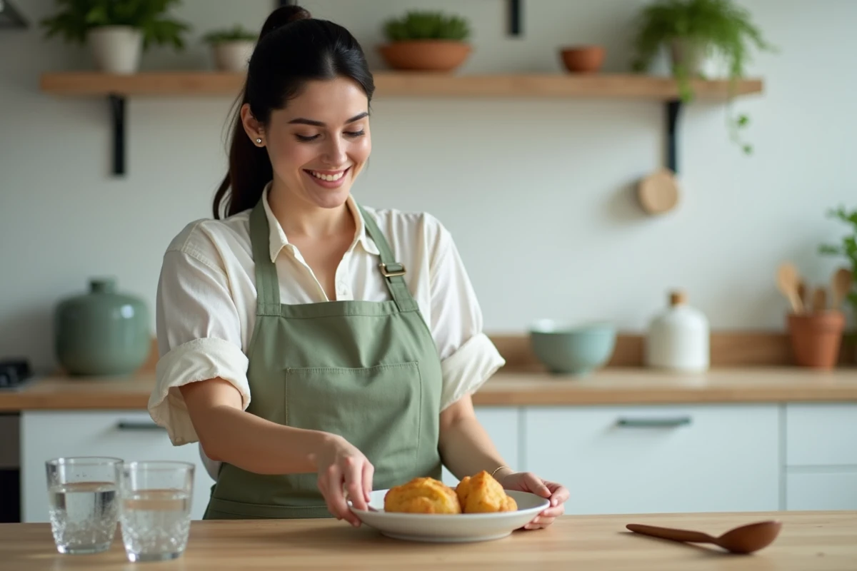 Jeune femme préparant une pomme de terre au four légère dans une cuisine moderne avec herbes fraîches