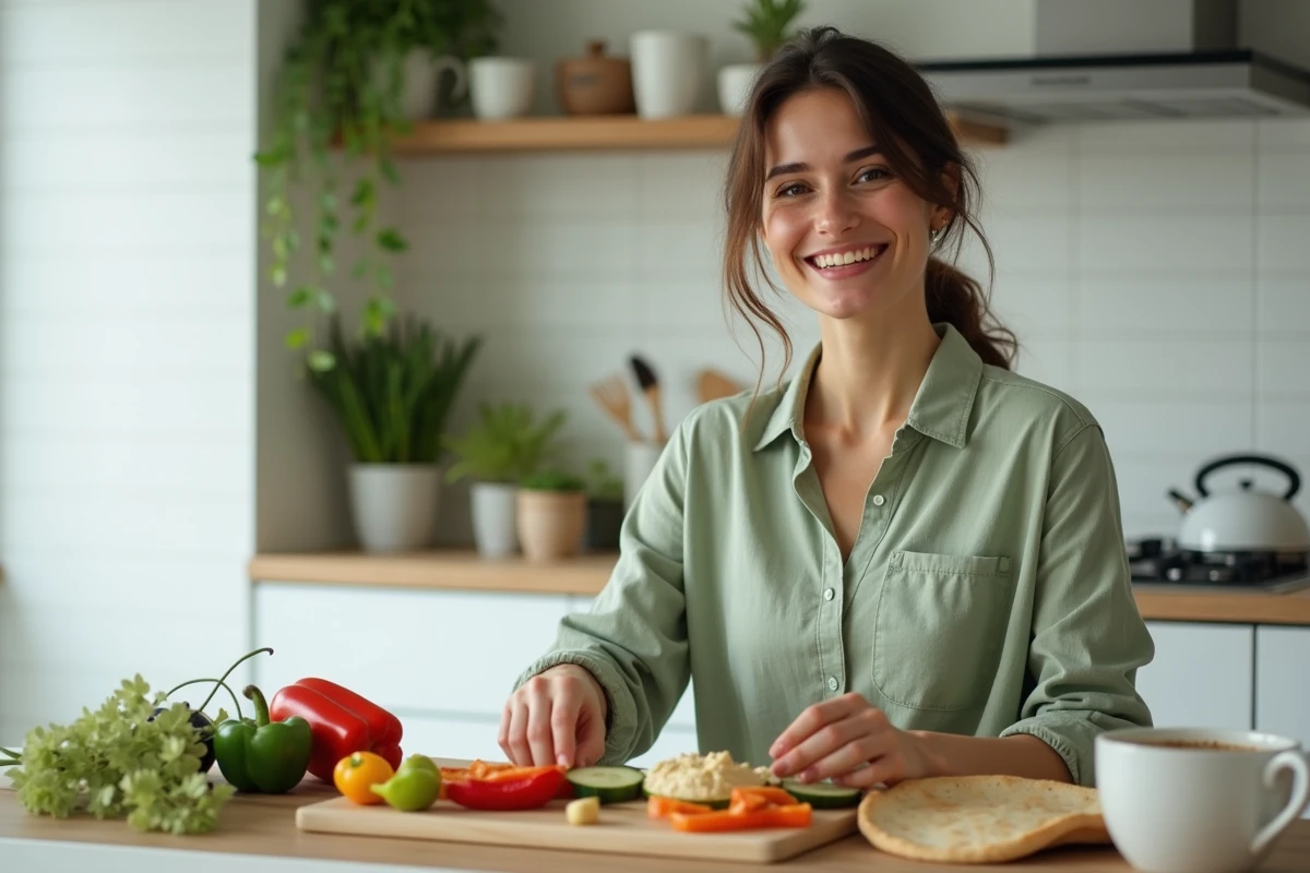 Femme préparant un déjeuner végétarien équilibré avec légumes frais et houmous dans une cuisine moderne