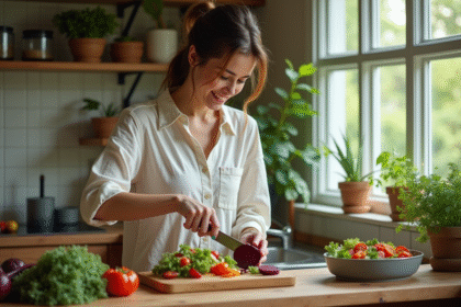 Femme en cuisine préparant une salade detox colorée