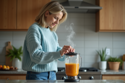 Femme verser soupe dans blender en cuisine moderne