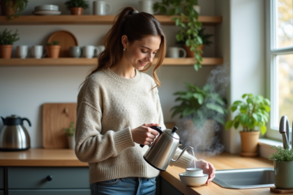 Femme versant de l'eau dans une théière en cuisine chaleureuse