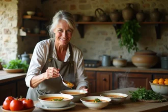 Femme provençale servant soupe pistou dans une cuisine rustique
