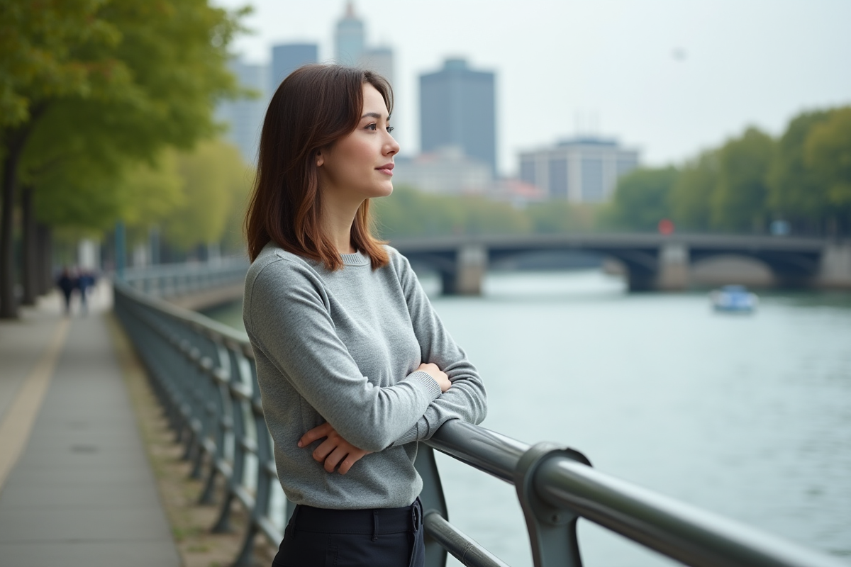 Femme regardant la rivière depuis la promenade