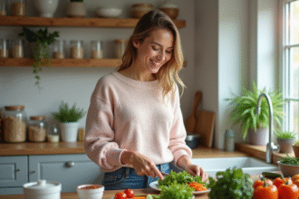 Femme souriante préparant une salade colorée dans la cuisine