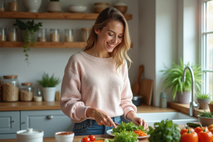 Femme souriante préparant une salade colorée dans la cuisine