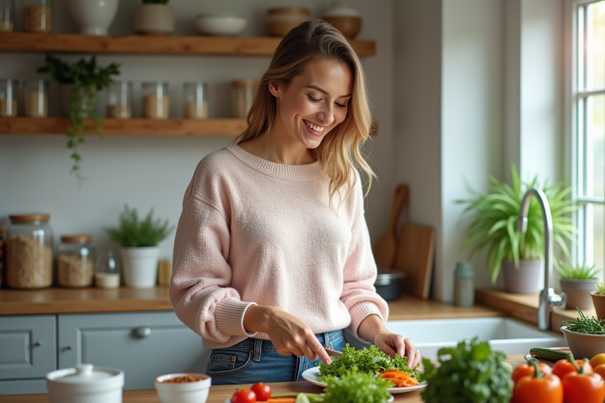 Femme souriante préparant une salade colorée dans la cuisine