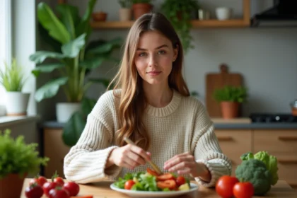 Femme préparant une salade colorée dans une cuisine chaleureuse