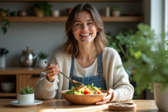 Femme souriante dégustant une salade colorée et saine