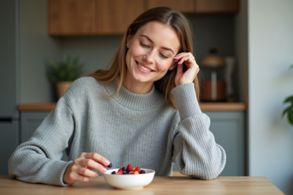 Femme en cuisine dégustant des noix et fruits rouges