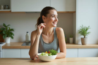 Jeune femme souriante mangeant des concombres frais dans la cuisine