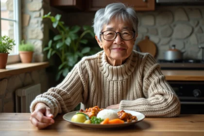 Femme senior souriante avec repas simple et cosy