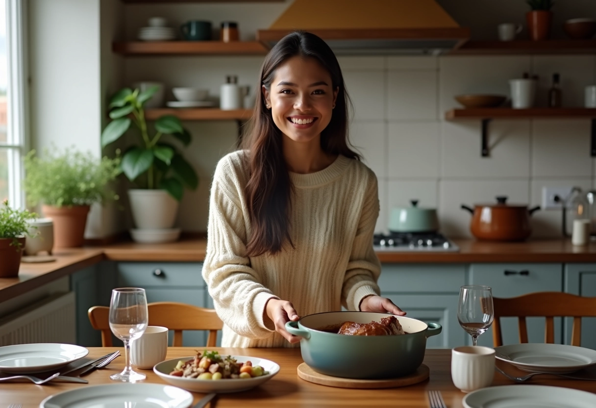 Jeune femme souriante servant un gigot d