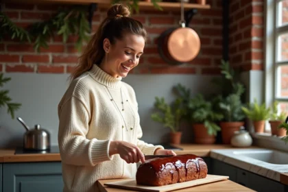 Femme souriante coupe un gâteau glacé en forme de bûche