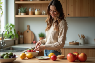 Femme coupant des fruits frais dans la cuisine chaleureuse