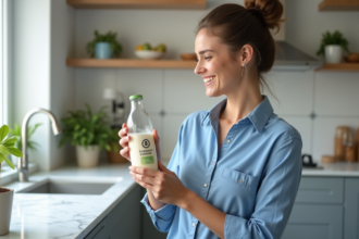 Femme souriante dans la cuisine avec bouteille zéro calorie