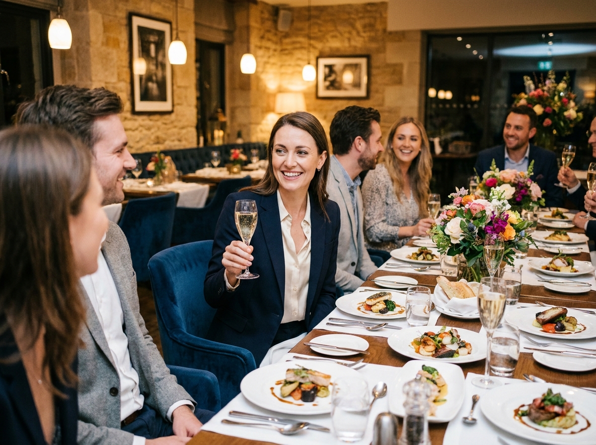 Femme souriante levant un verre lors d