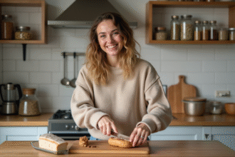 Jeune femme tranchant du pain keto dans la cuisine lumineuse